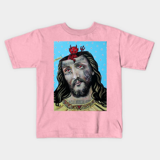 mr. NICE GUY say my name. devil jesus combo original painting by tyler tilley Kids T-Shirt by Tiger Picasso